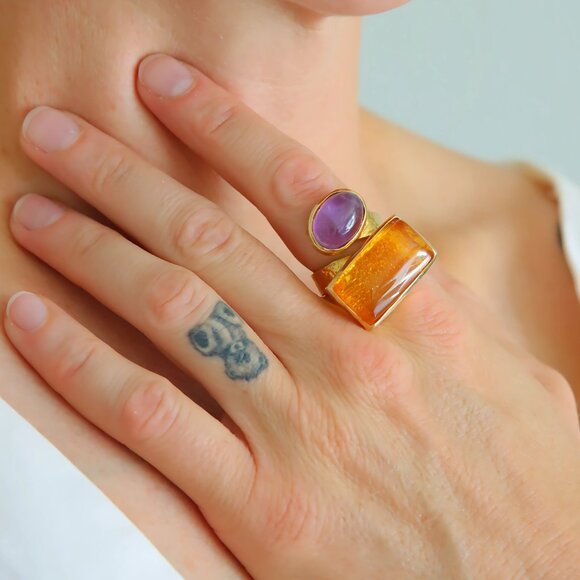 Baltic Amber And Amethyst Gold Ring- 14k Gold Plated s925 - Picture 1 of 8